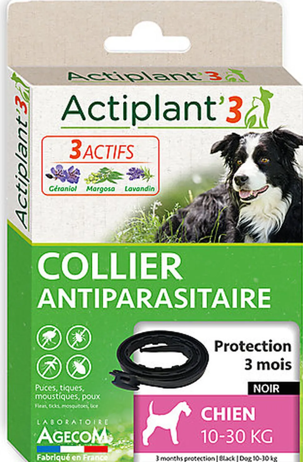 ActiPlant'3 - Collier Antiparasitaire pour Moyen Chien - Noir