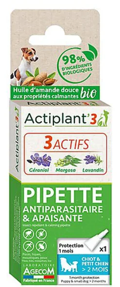 ActiPlant'3 - Pipette Antiparasitaire et Apaisante Bio pour Chiot Petit Chien - x1