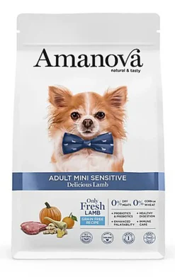 Amanova - Croquettes Adult Mini Sensitive sans Céréales à l'Agneau pour Chiens - 7Kg