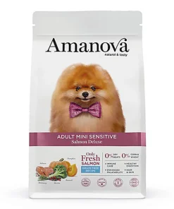 Amanova - Croquettes Adult Mini Sensitive sans Céréales au Saumon pour Chiens - 7Kg