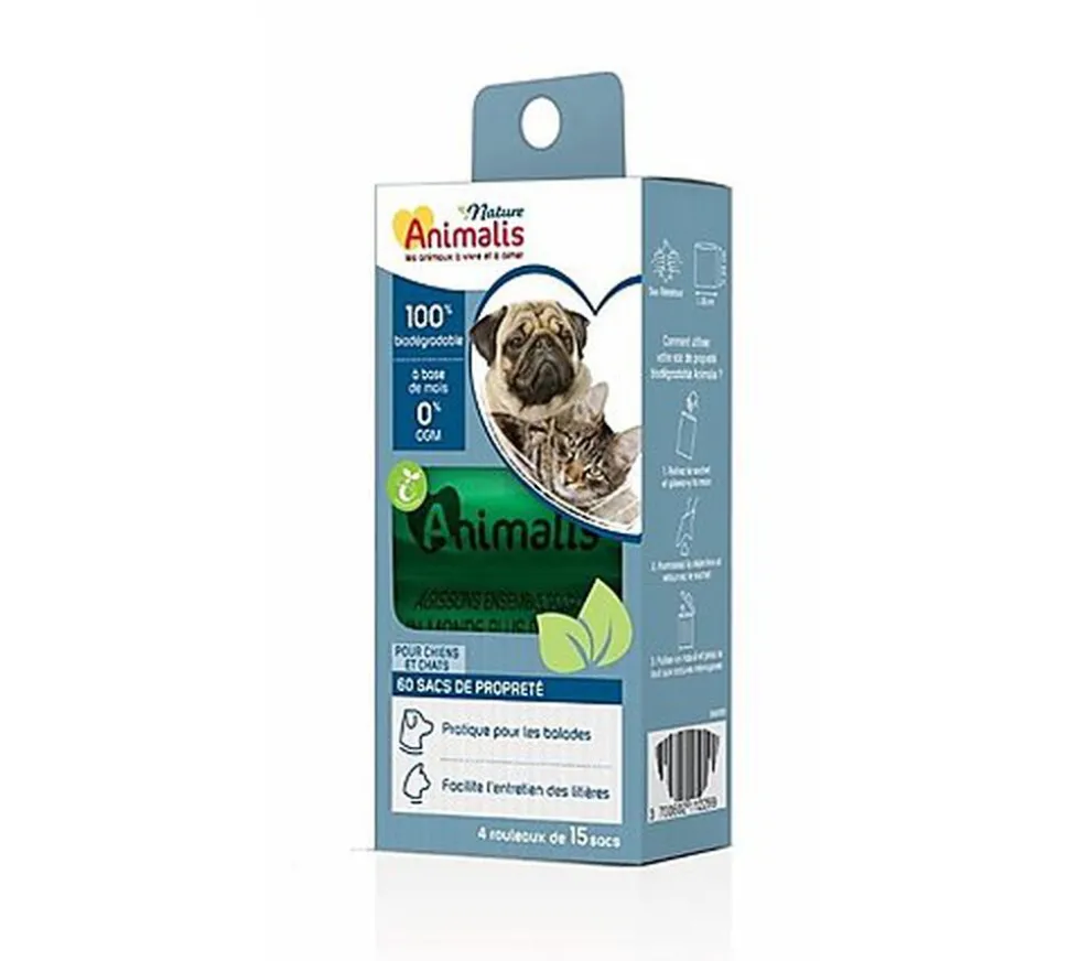 Animalis Nature - Lot de 15 Sacs Propreté Biodégradable pour Chien et Chat