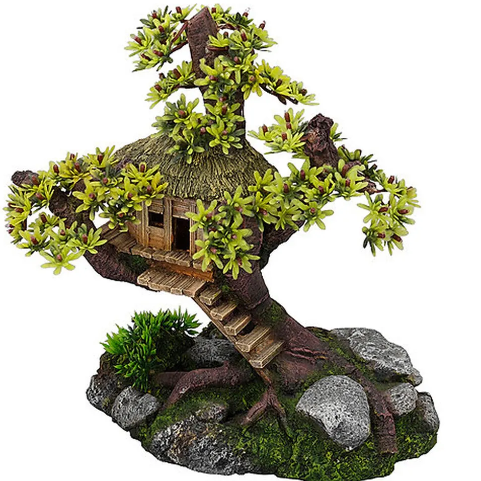 Aquadella - Décoration TREE HOUSE WITH PLANTS pour Aquarium - 28x15x24,5cm