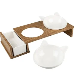 Duvoplus - Ecuelle Double Dinner Blanc et Bois pour Chat - 41,5cm