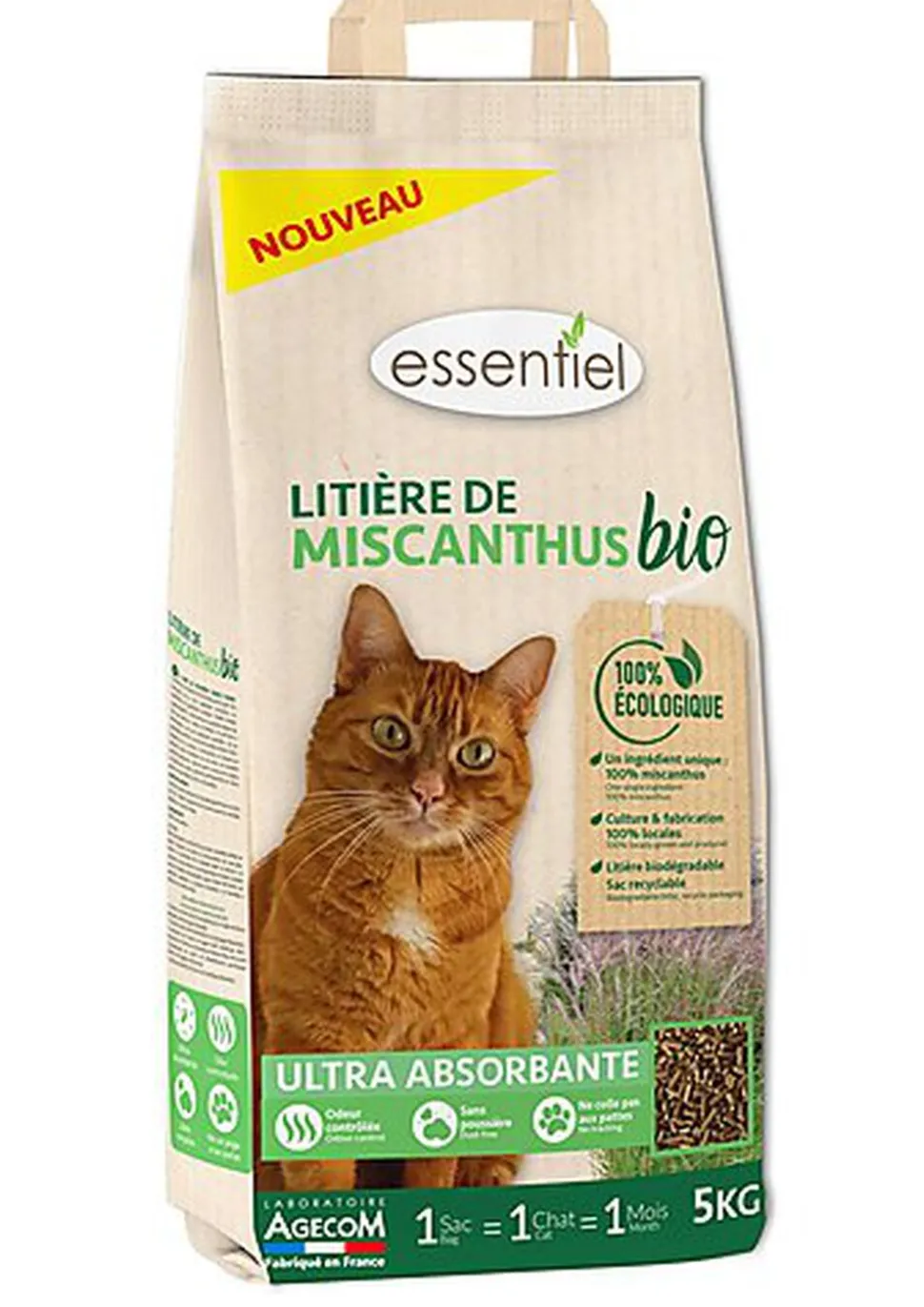 Essentiel - Litière Miscanthus Bio Absorbante pour Chat - 5Kg