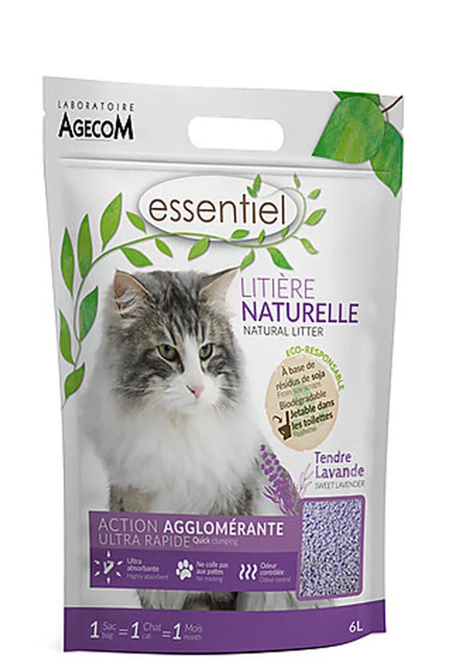 Essentiel - Litière Naturelle Agglomérante Soja Lavande pour Chat - 6L