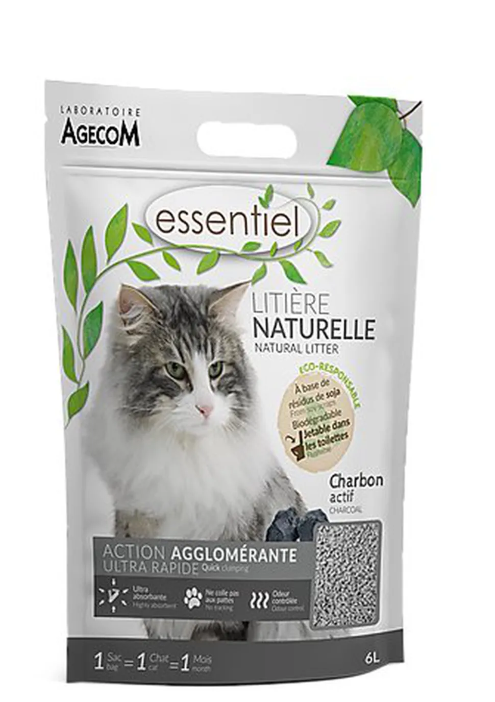 Essentiel - Litière Naturelle Agglomérante Soja Charbon pour Chat - 6L