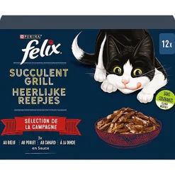 FELIX -  Pochons Succulent Grill Selection de la Campagne à la Viande en Sauce pour chats adultes  - 12X80g