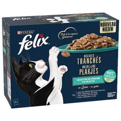 FELIX - Sachets Fraîcheur Délices Tranchés en Gelée Sélection Poissons pour chats adultes - 12x80g