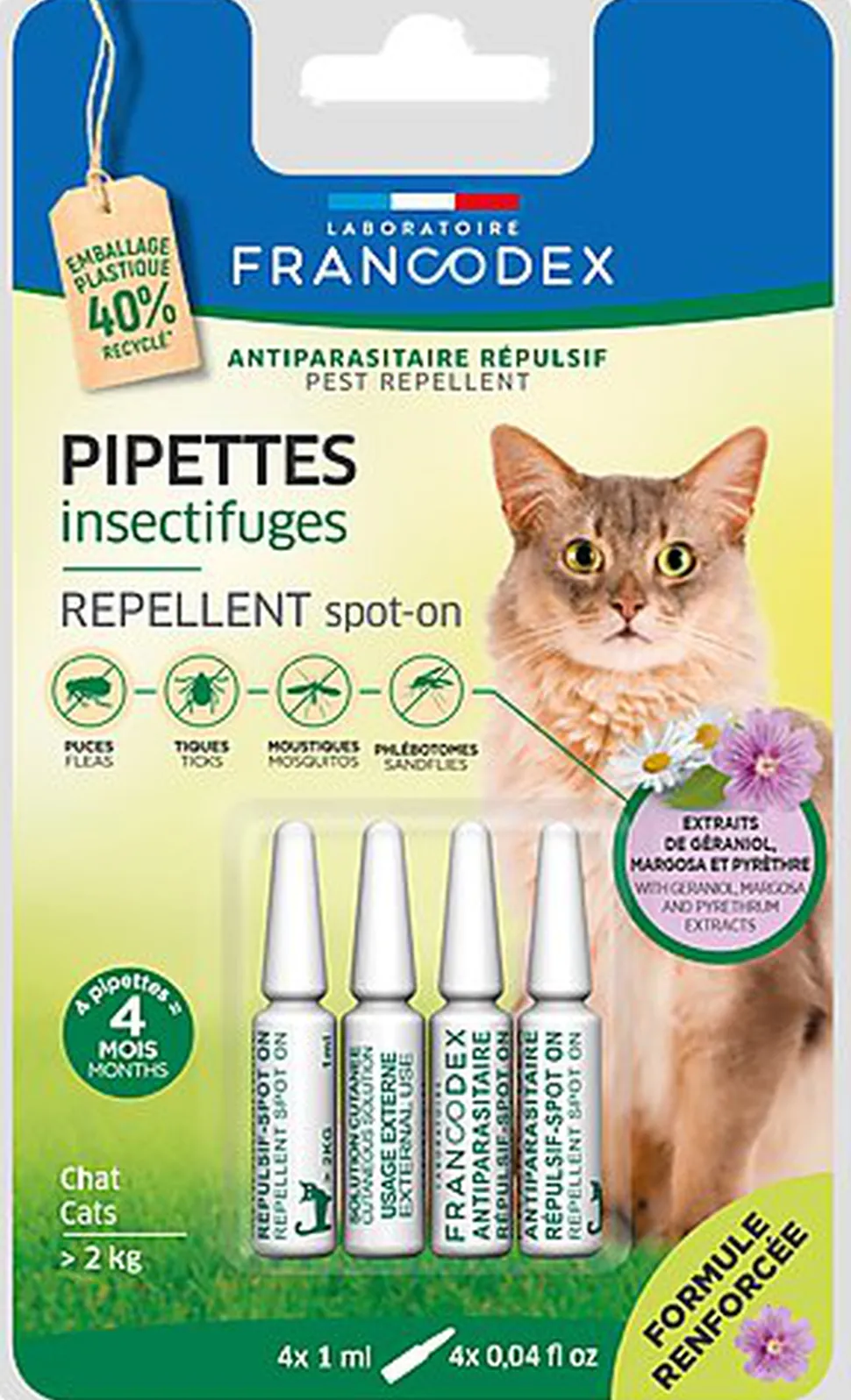Francodex - Pipettes Antiparasitaires Répulsives pour Chats - x4