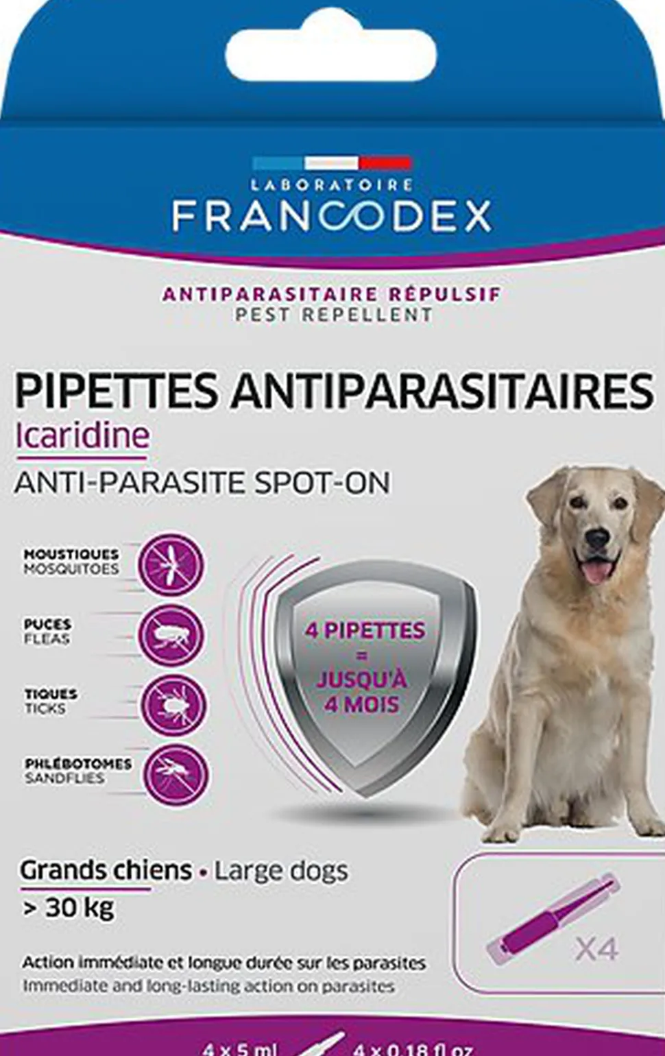 Francodex - Pipettes Antiparasitaires Icardine pour Grands Chiens - x4