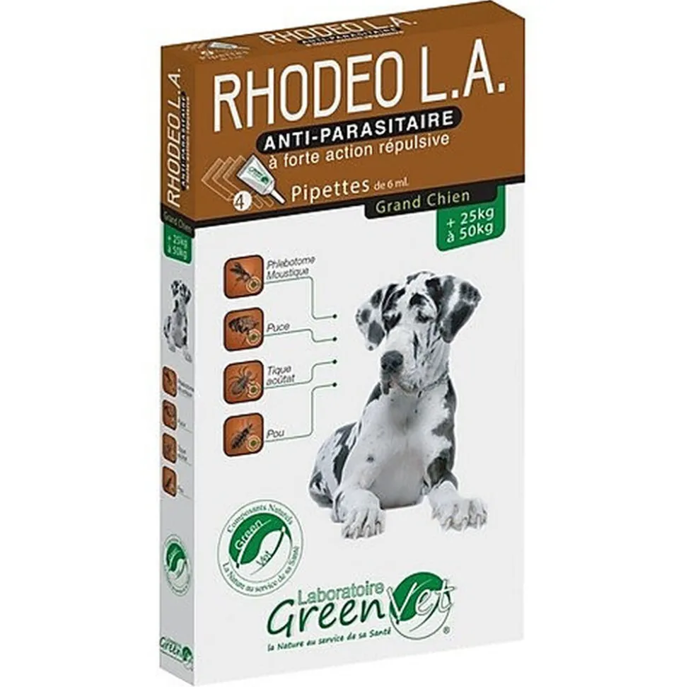 Greenvet - Pipettes Répulsives Rhodeo L.A Actifs Naturels pour Chiens 25-50Kg - 4x6ml