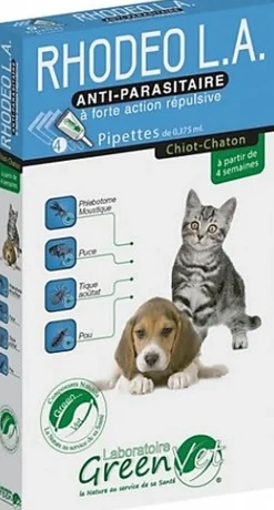 Greenvet - Pipettes Répulsives RHODEO L.A Actifs Naturels Chiots et Chatons - 4x0,375ml