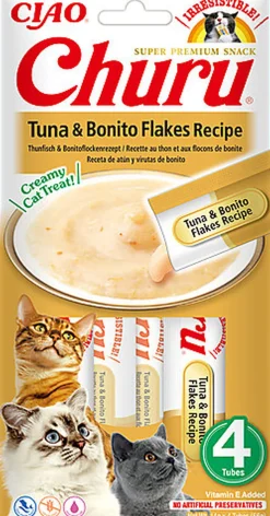 Inaba - Friandises Churu Recette Thon et Flocons de Bonite pour Chats - 4x14g