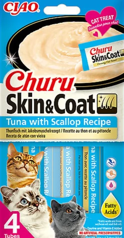 Inaba - Friandises Churu Skin&Coat Recette Thon et Pétoncle pour Chats - 4x14g