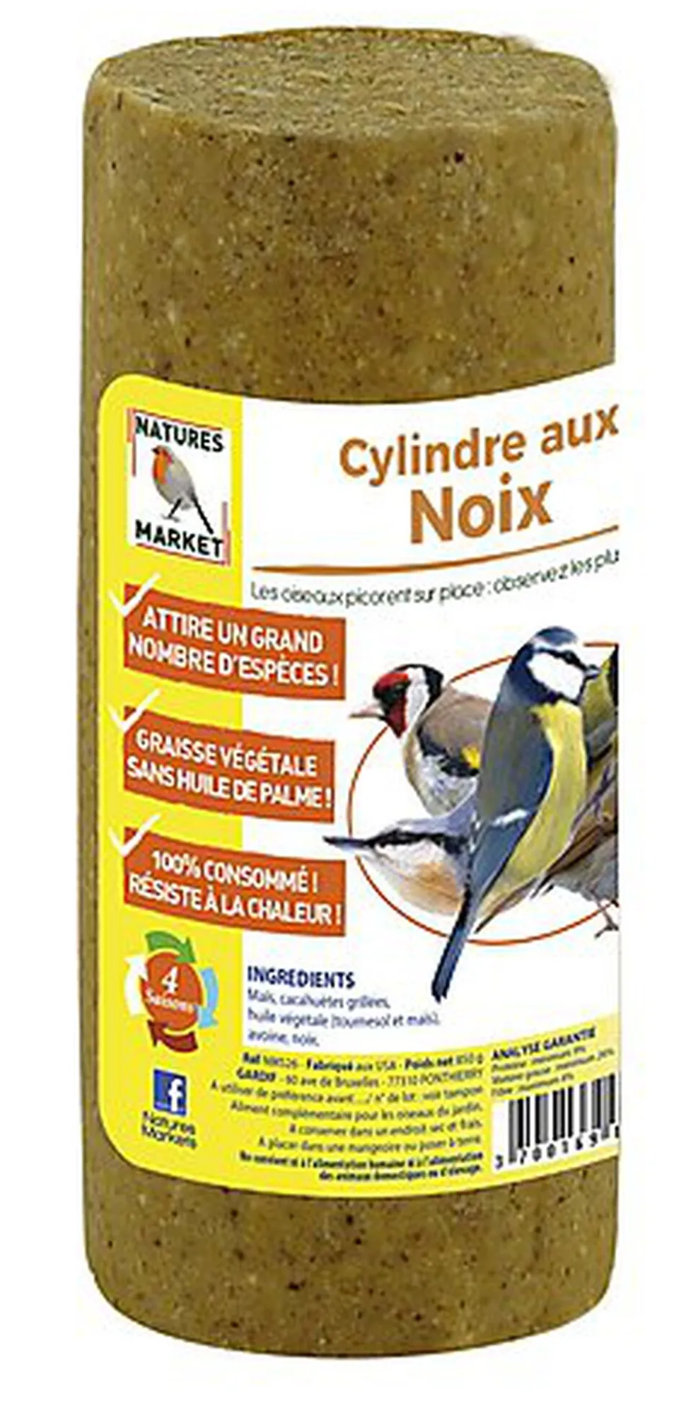 Natures Markets - Cylindre Graisse Végétale aux Noix pour Oiseaux du Ciel - 850g
