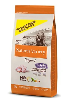 Nature's Variety - Croquettes Chien Original No Grain Medium Adult Dinde - 10kg + 2Kg Offerts