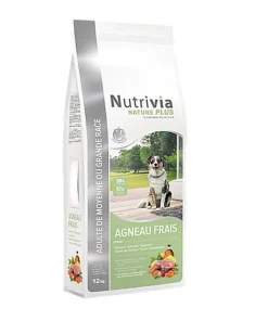 Nutrivia Nature Plus - Croquettes Naturelles à l'Agneau Frais pour Chien Adulte de Moyenne et Grande Race - 12Kg