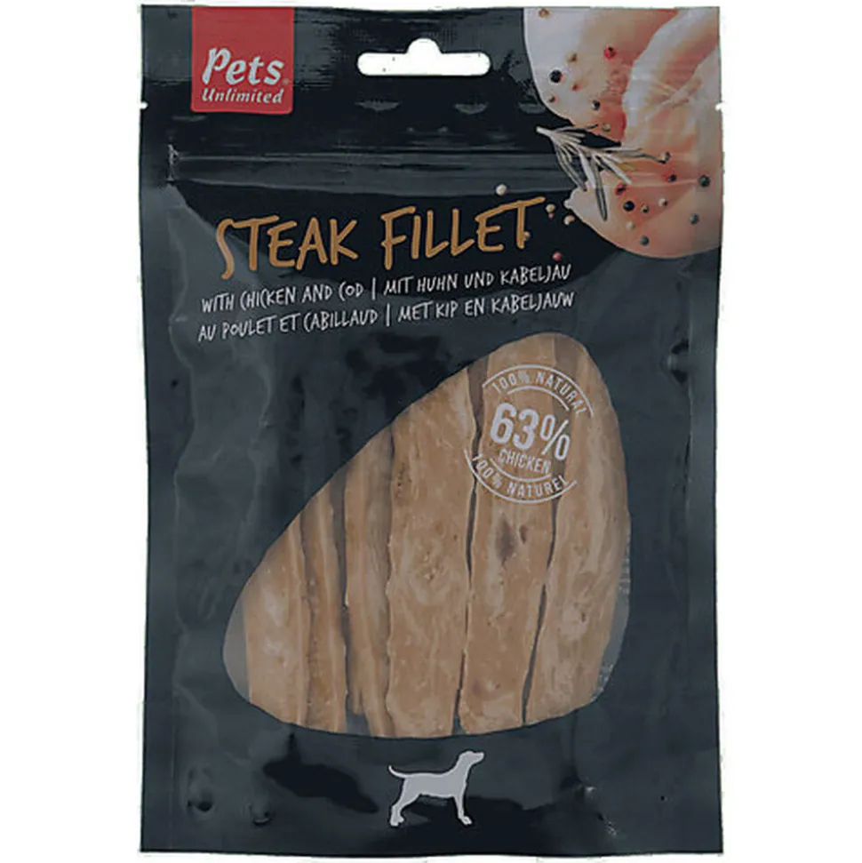 Pets Unlimited - Friandises Steak Fillet au Poulet et Cabillaud pour Chien - 100g