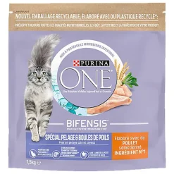 Purina One - Croquettes au Poulet et Céréales Spécial Pelage et Boules de Poils pour Chat Adulte - 1,5Kg
