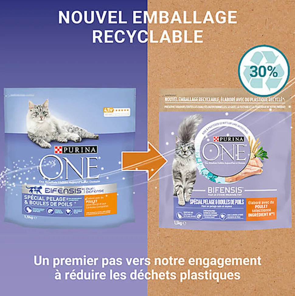 Purina One - Croquettes au Poulet et Céréales Spécial Pelage et Boules de Poils pour Chat Adulte - 1,5Kg
