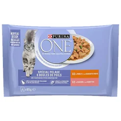 PURINA ONE - Sachets fraîcheurs Pelage Boules de Poils Saumon et Poulet pour Chats - 4x85g