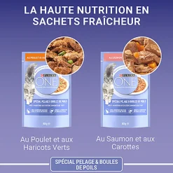 PURINA ONE - Sachets fraîcheurs Pelage Boules de Poils Saumon et Poulet pour Chats - 4x85g
