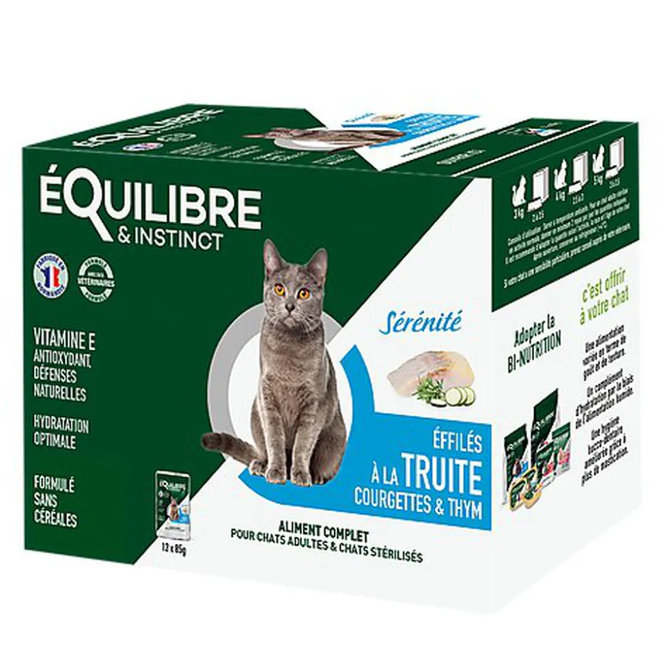 Équilibre & Instinct - Sachets Fraîcheurs Sérénité Truite et Courgettes pour Chat - 12x85g