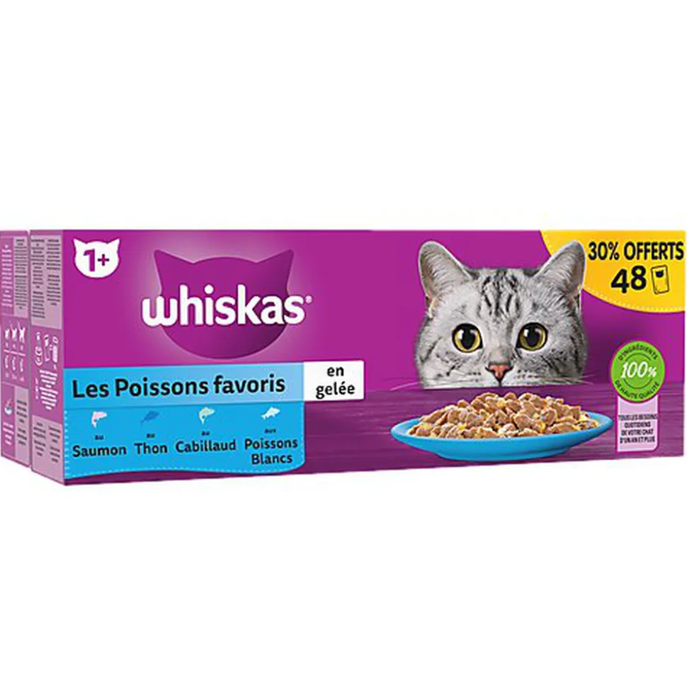 Whiskas - Sachets Fraîcheur Les Poissons favoris en Gelée pour Chats - 48x85g 30% offerts