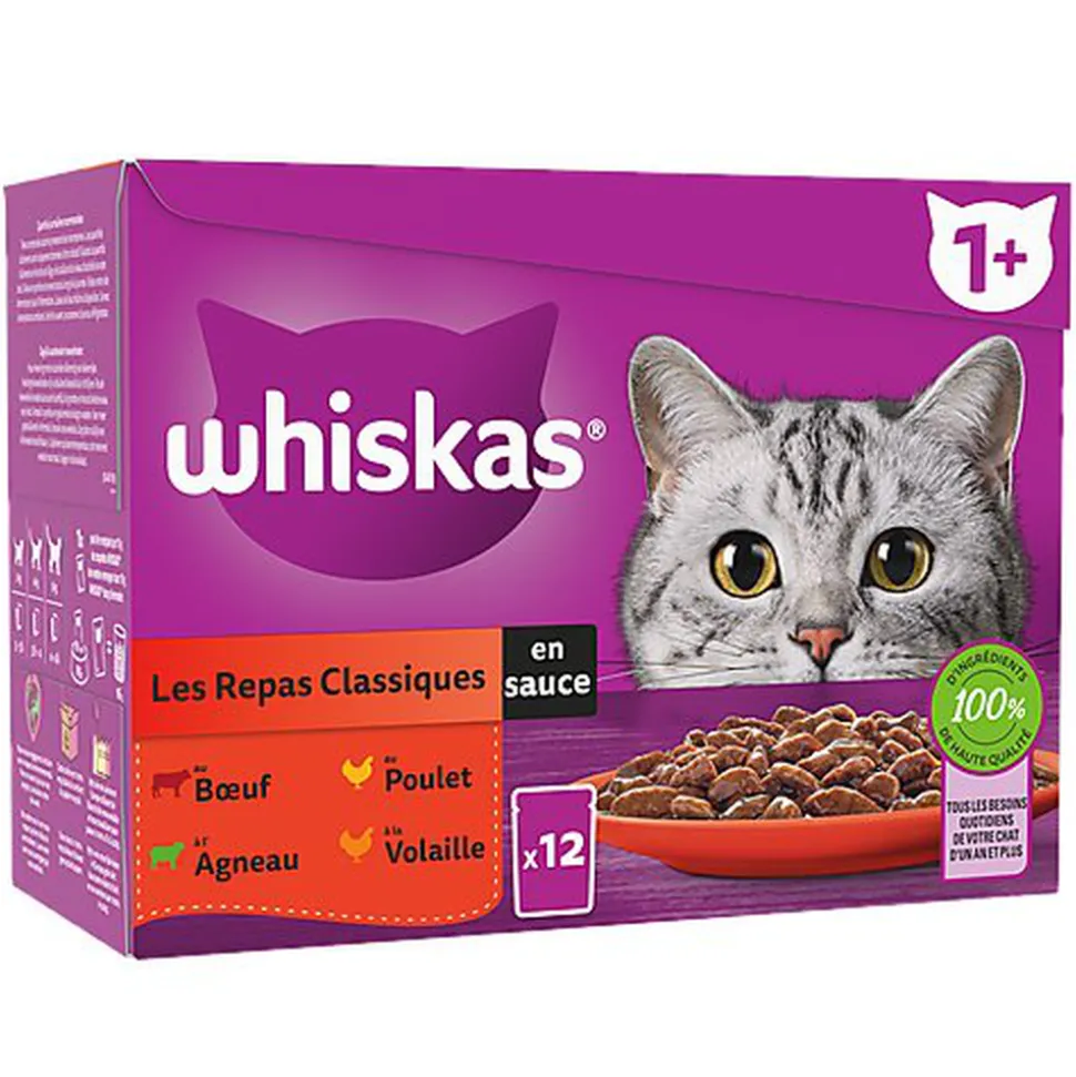 Whiskas - Sachets fraîcheur Les Repas Classiques en sauce pour chat adulte 4 variétés - 12x85g