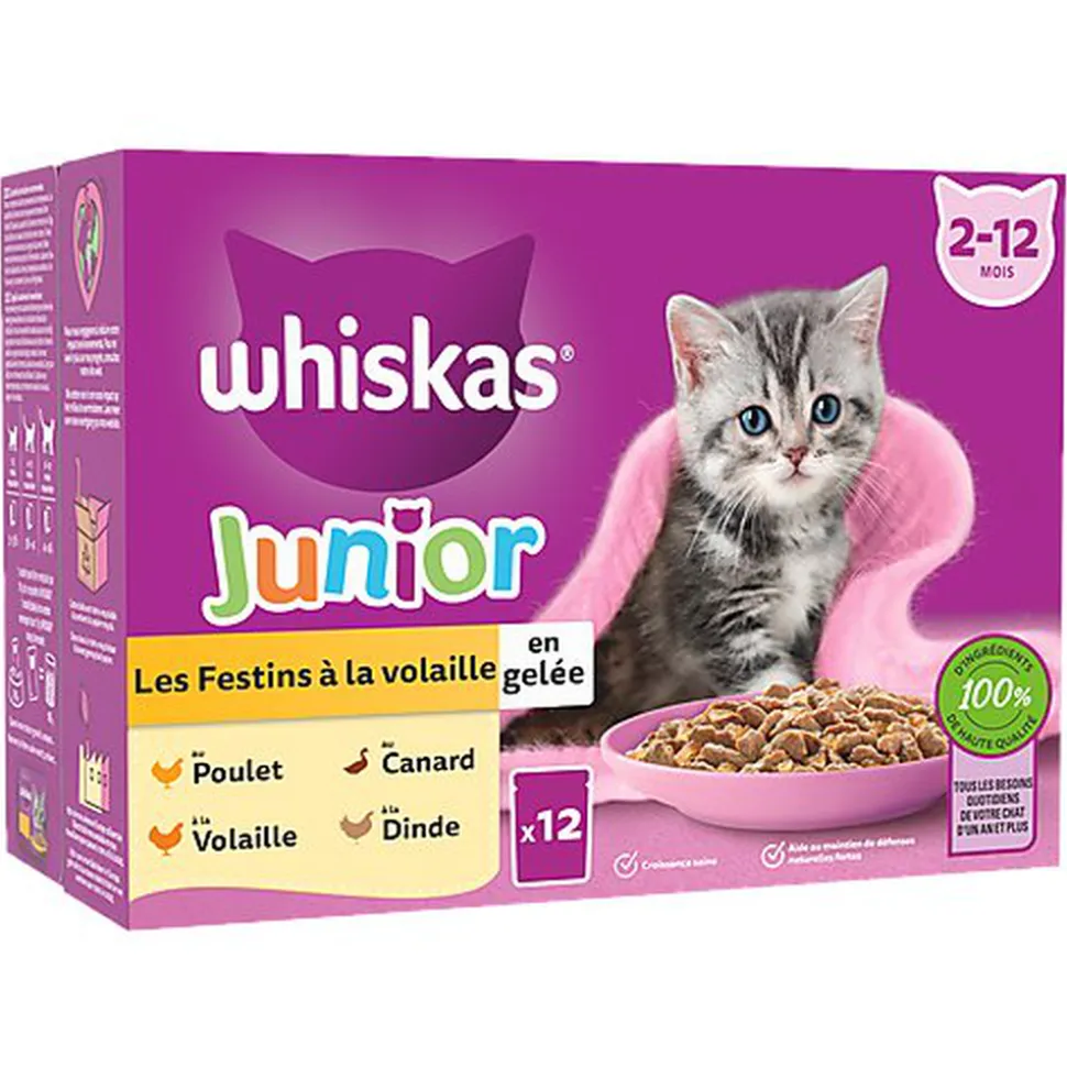 Whiskas - Sachets Fraicheur Festins à la Volaille en Gelée pour Chatons - 12x85g